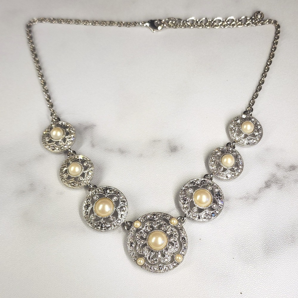 Vintage Monet Filigree Medallion Necklace Faux Pearl Crystal Silver Tone Bib